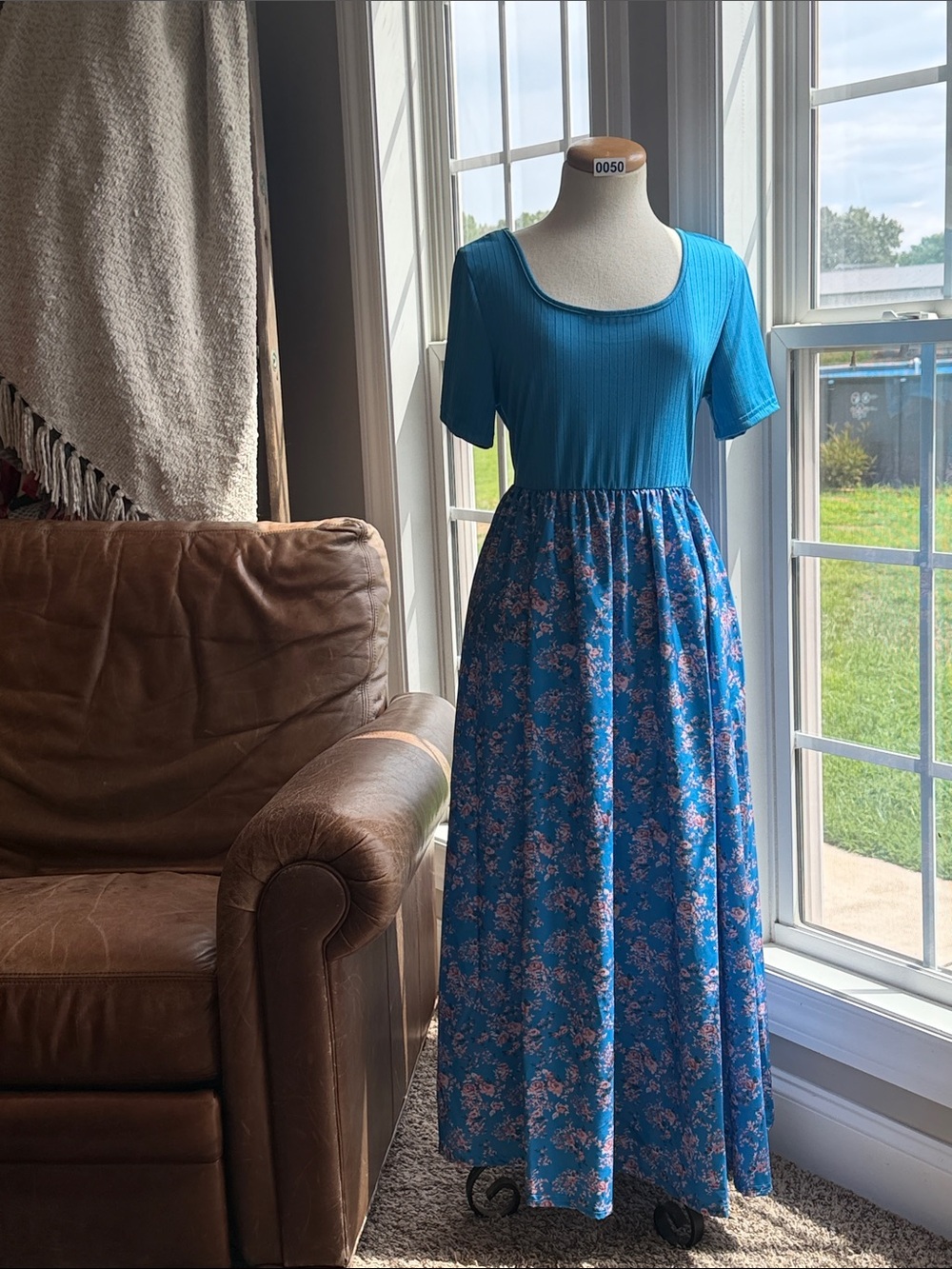 Blue Scoop-Neck Maxi Dress with Floral Skirt
